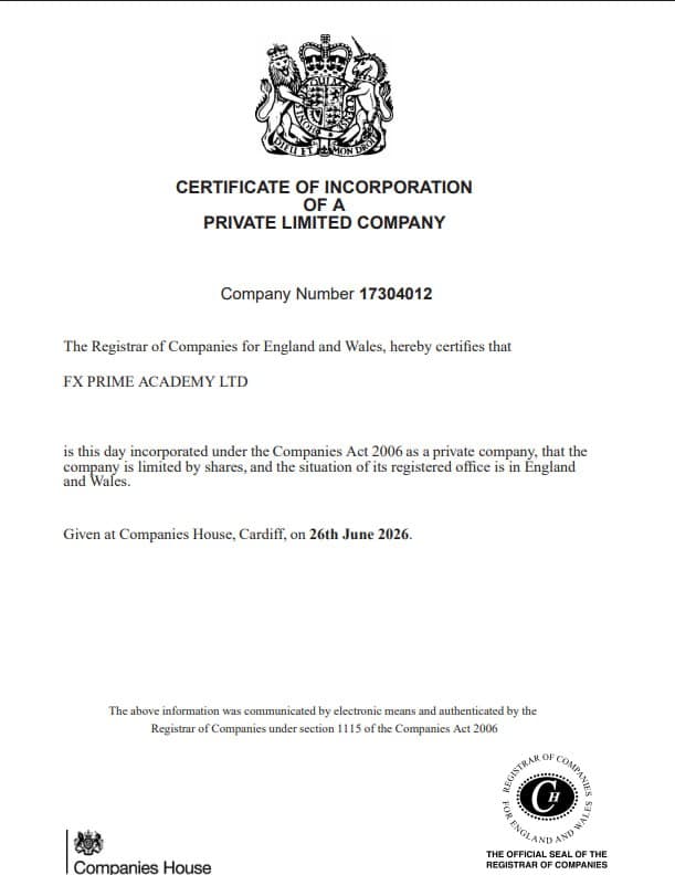 Certificate of Incorporation for FX PRIME ACADEMY LTD, Company Number 17304012